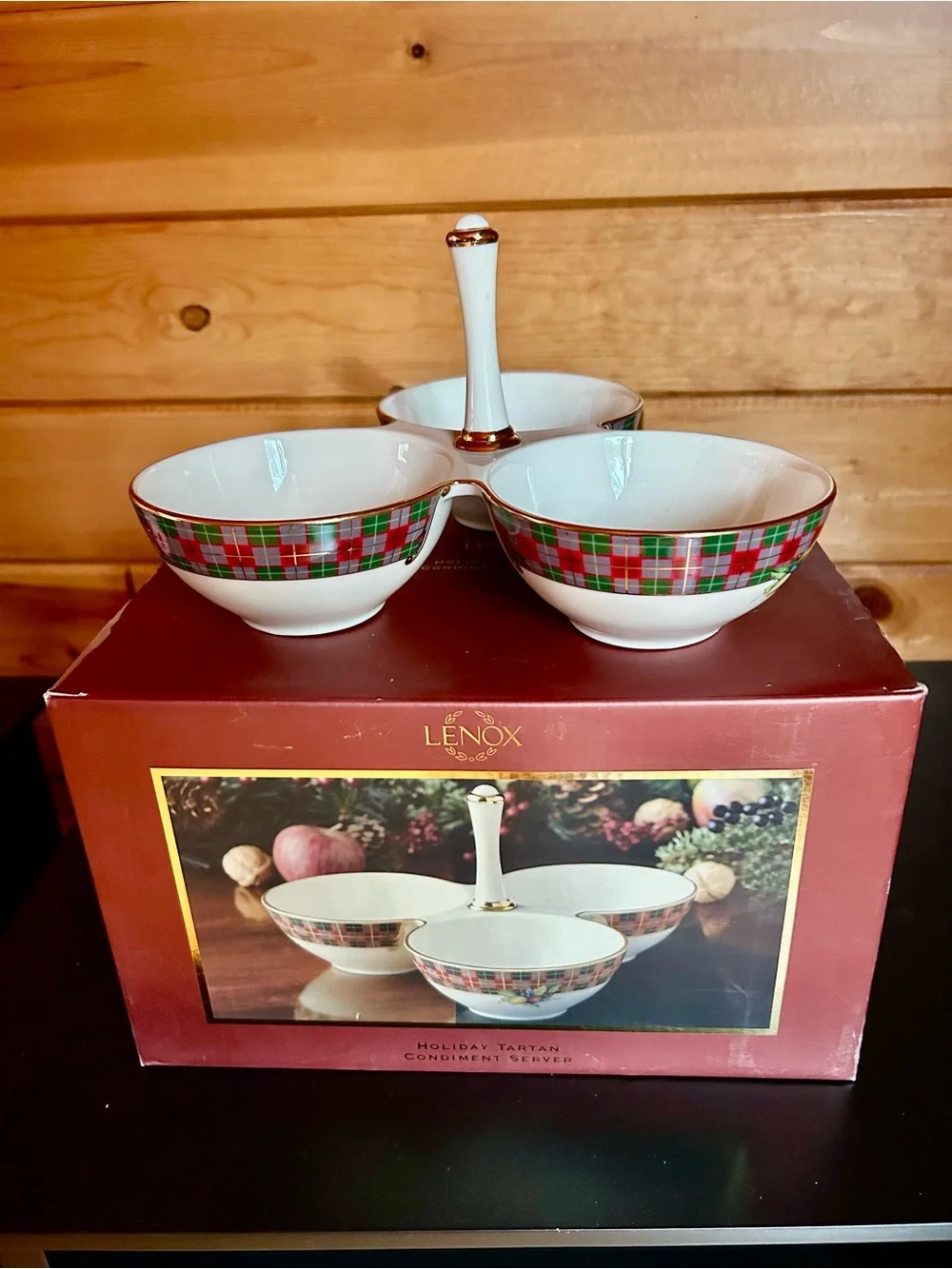 Lenox White Porcelain Triple Server with Red and Green Tartan and Gold Trim